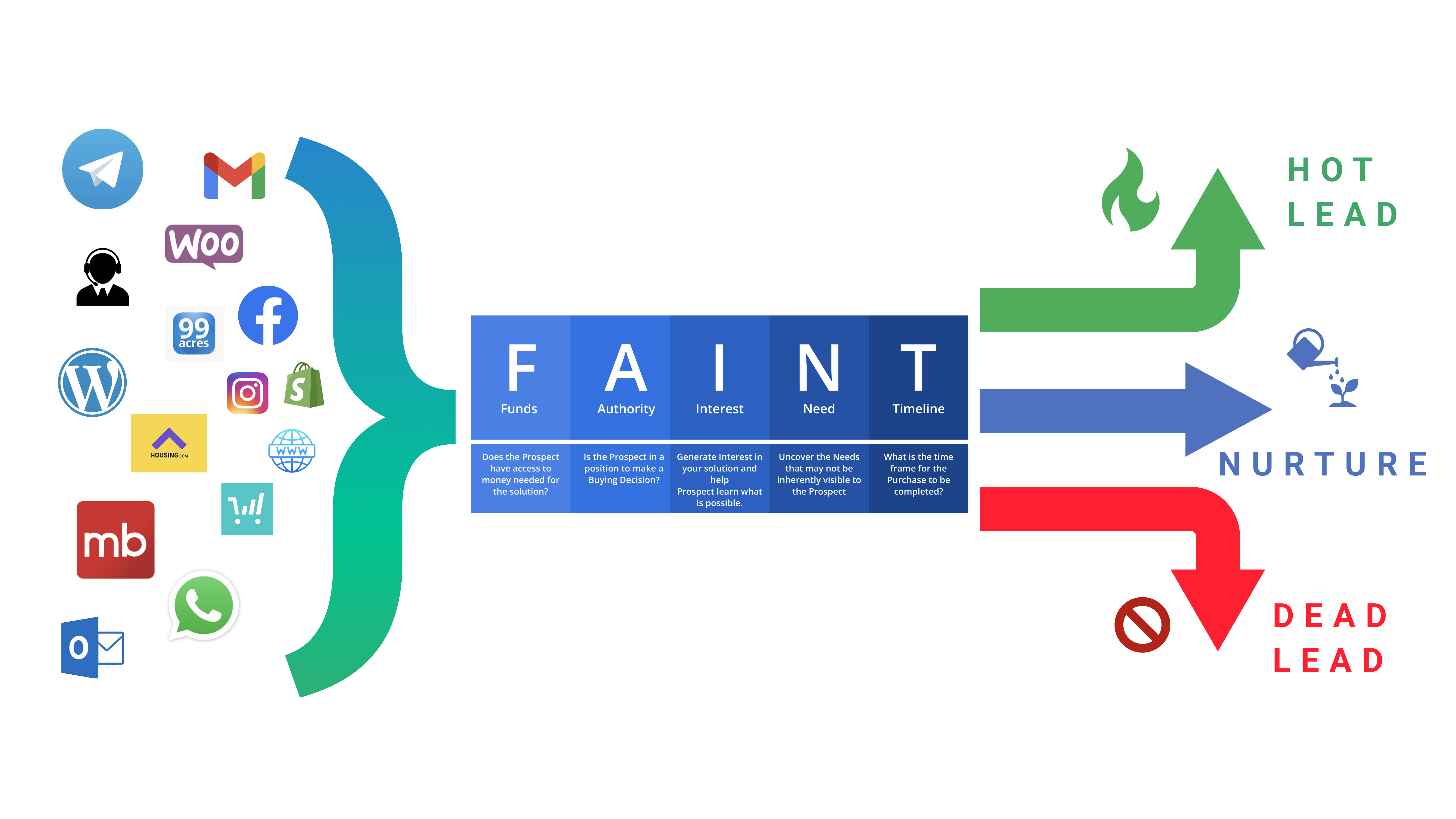 FAINT Framework to qualify leads- Fit, Authority, Interest, Need, Timeline.