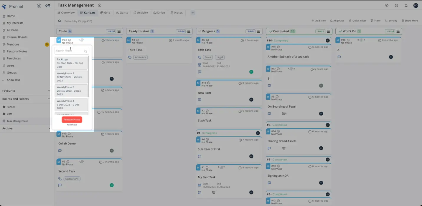 Return to your board, and you will notice a Phase icon associated with each item. You can select a specific Phase for each item, assigning it to the appropriate Phase based on your project's Progress.