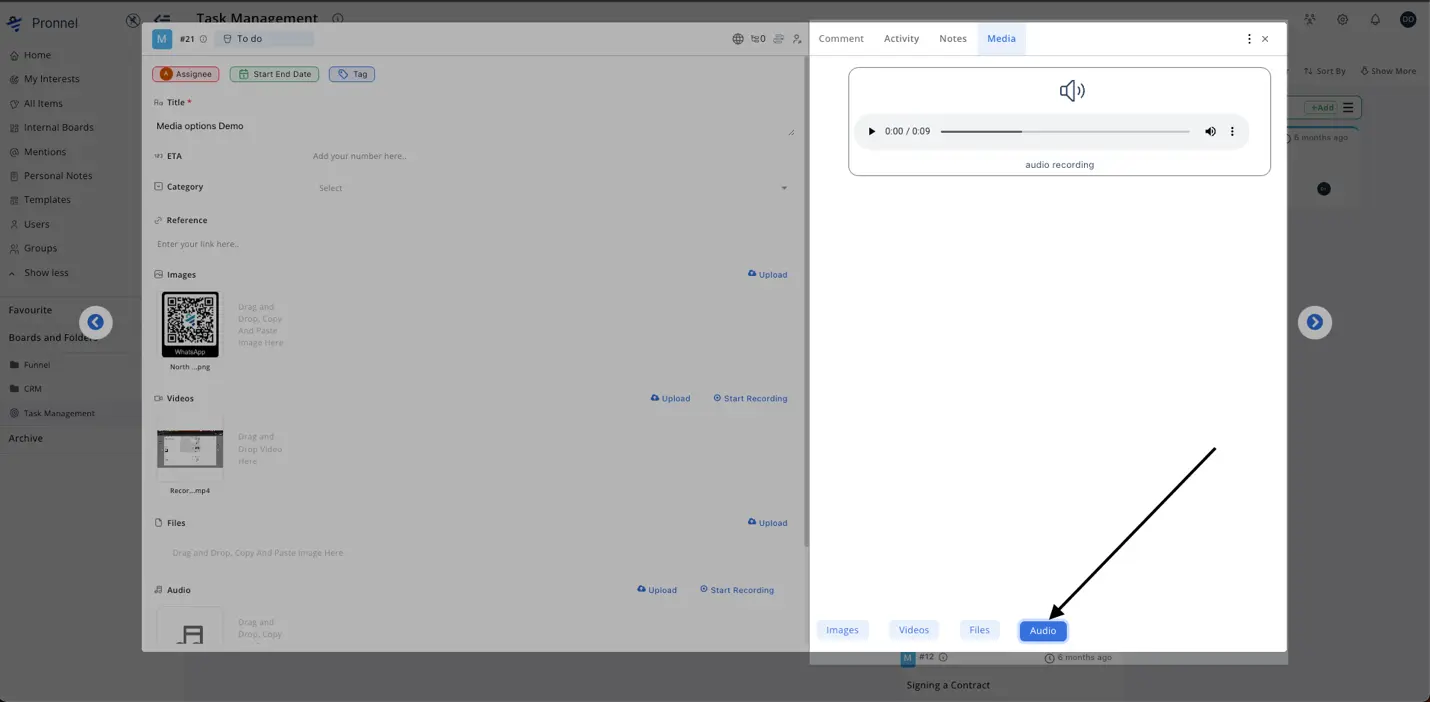 Use audio tab to upload audio files like recordings , songs etc.