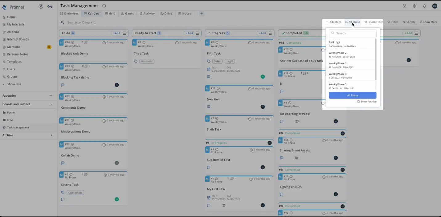 When creating a new item, Pronnel will automatically assign it to a Phase if you have chosen a single Phase. For multiple Phases, the item will be assigned to the Phase you set first.
