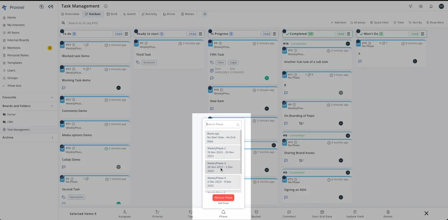 flexibility to bulk change the Phases of multiple items.