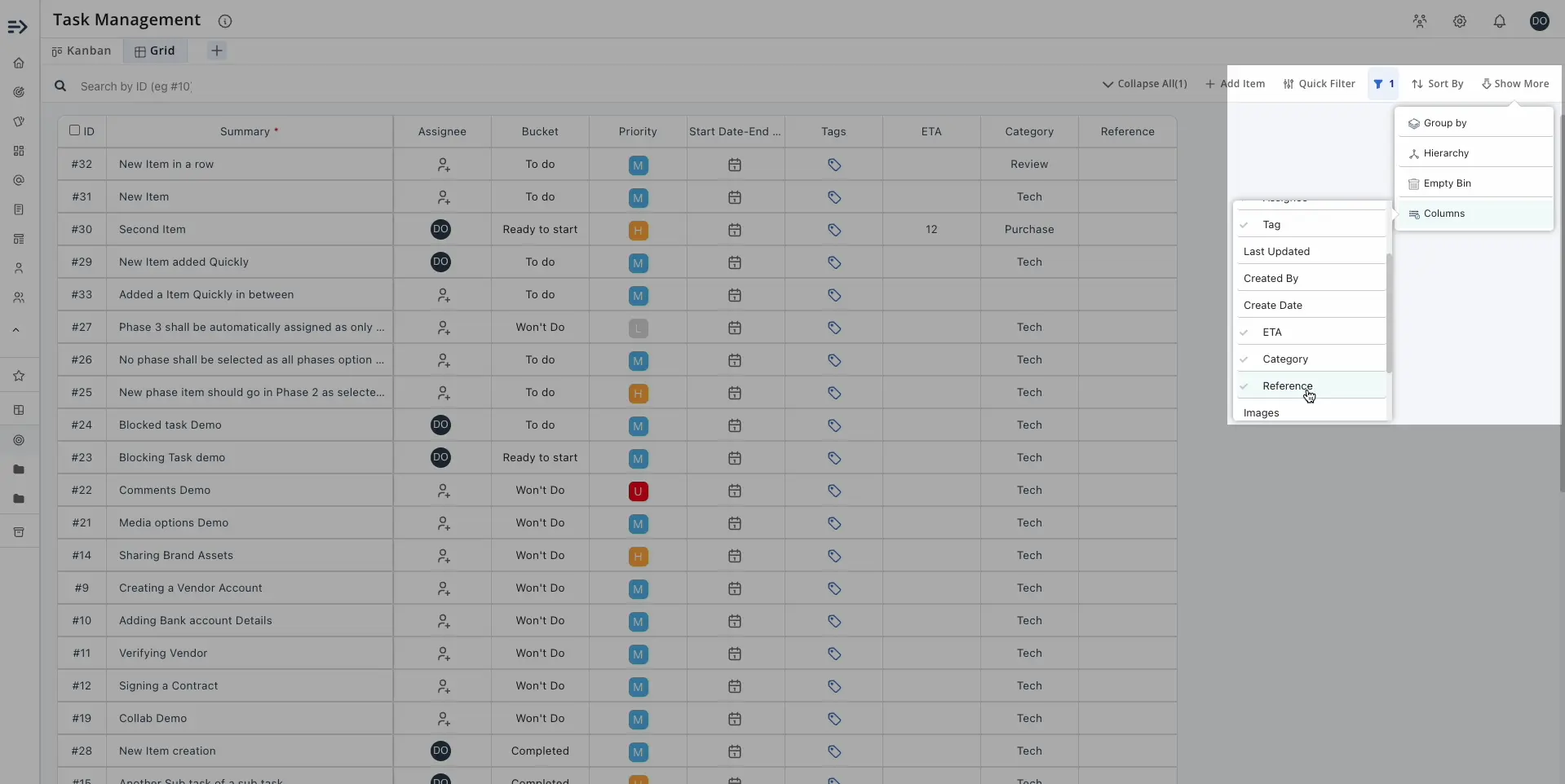 Similar to the Kanban view, you can access the 'Columns' selection in the Grid View through the 'Show More' dropdown.