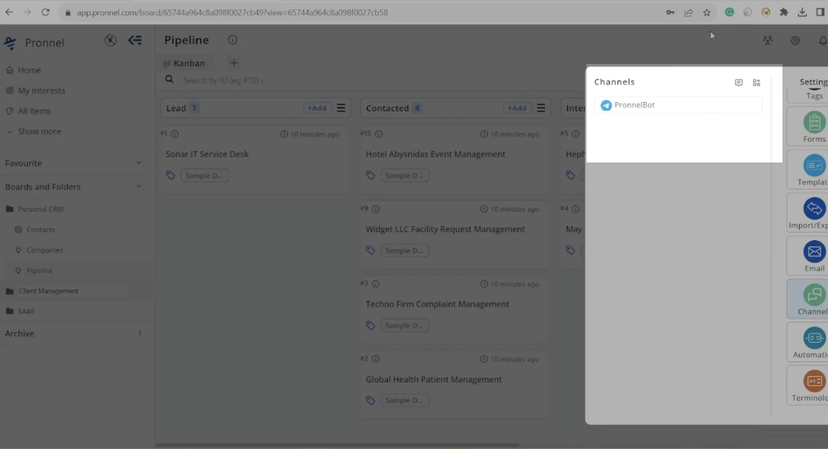 Click on connect button to complete the Telegram integration with Pronnel