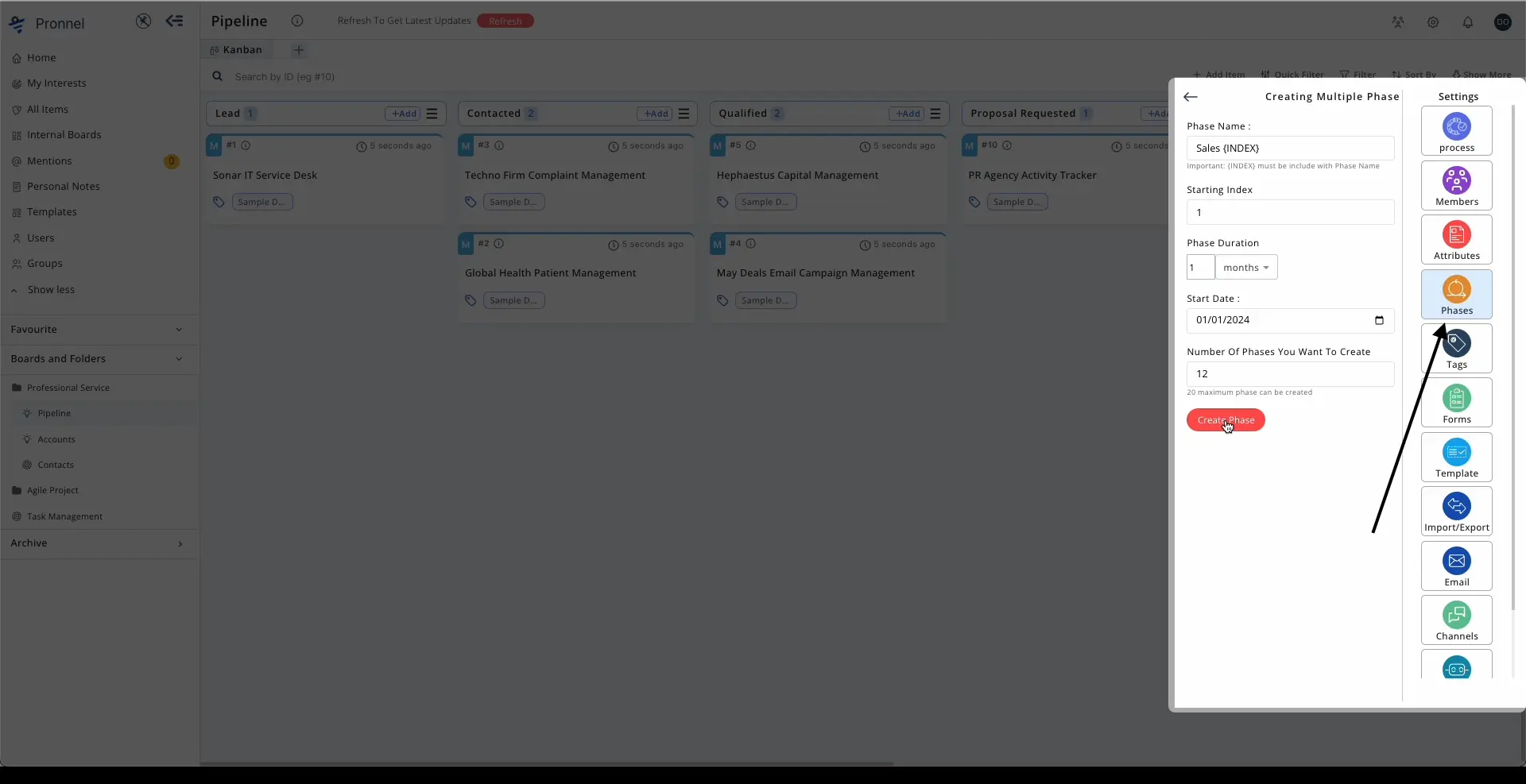  In the settings menu, click on the 'Phases' option