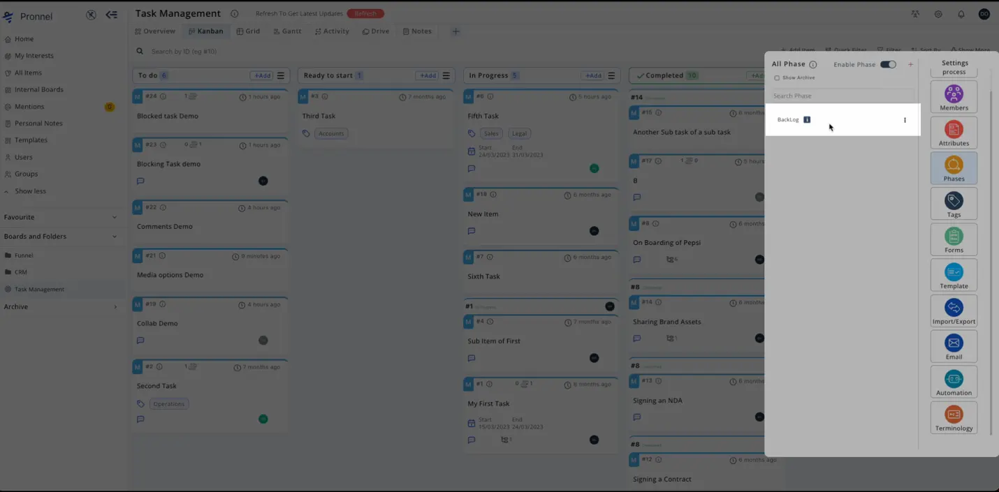 Enable Phases options to begin creating backlog.