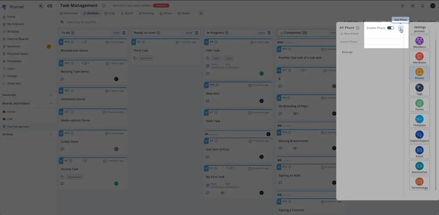 Enable Phases options to begin creating backlog.