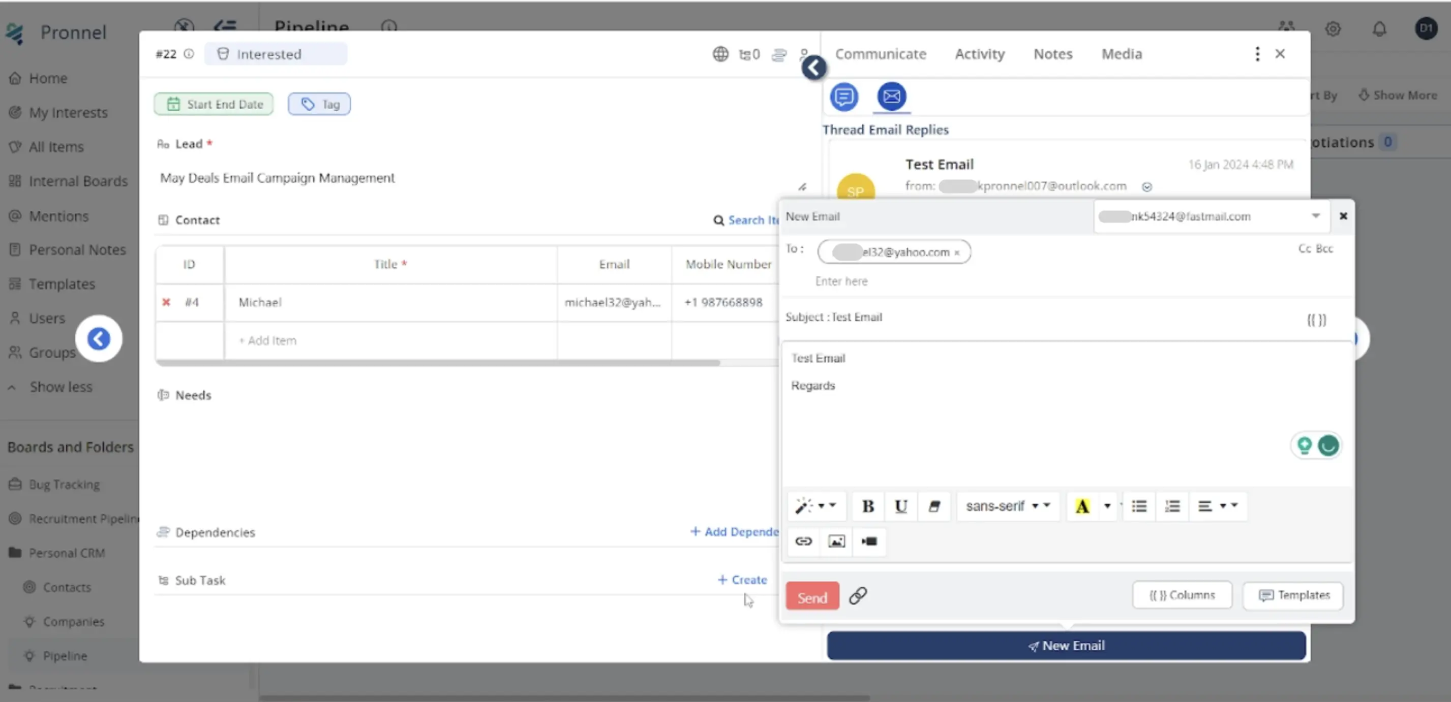 send emails from within Pronnel items