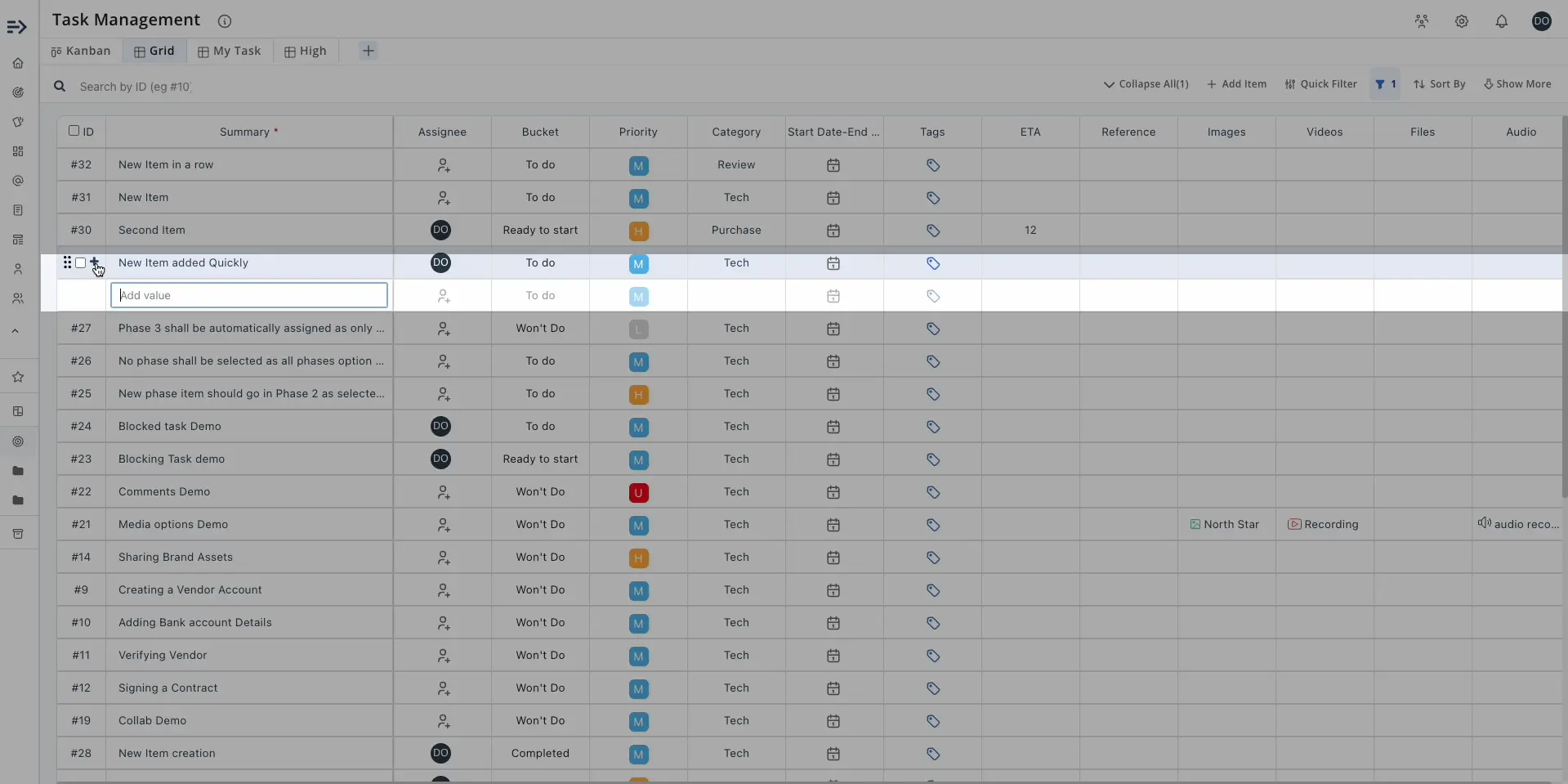 Create a new item in a specific position on the Grid by clicking the plus sign button that appears when hovering over an item