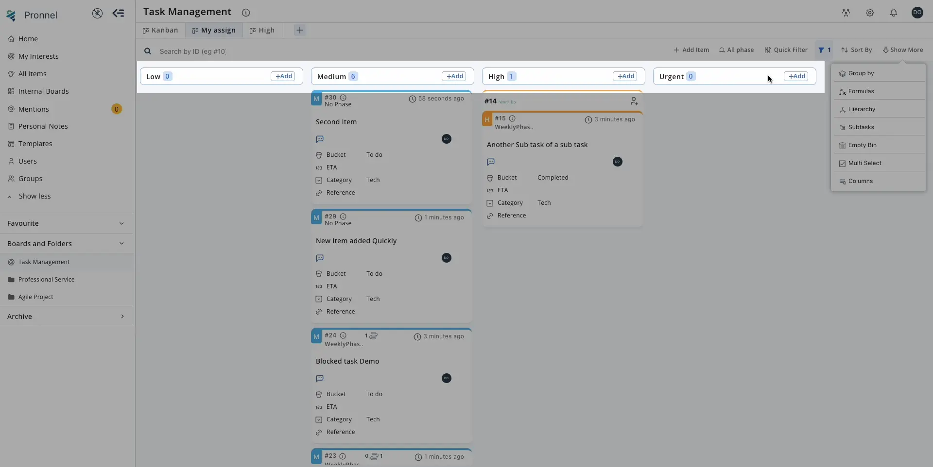  Pronnel allows you to view your data in different formats, such as by priority, assignee, or custom fields with dropdown options, using the 'Group by' feature.