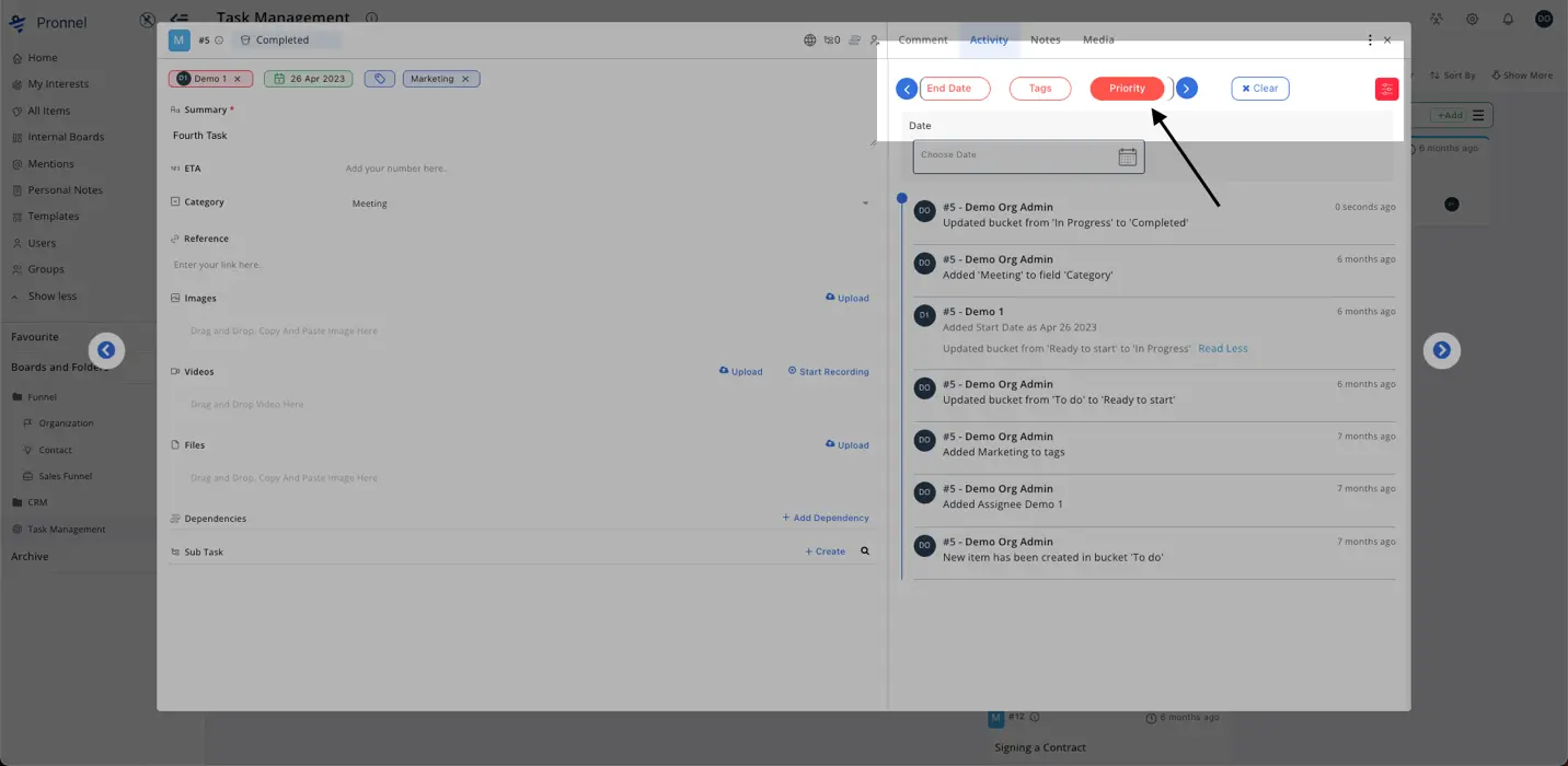 Filter activities as per fundamental attribute like priority, tags etc.