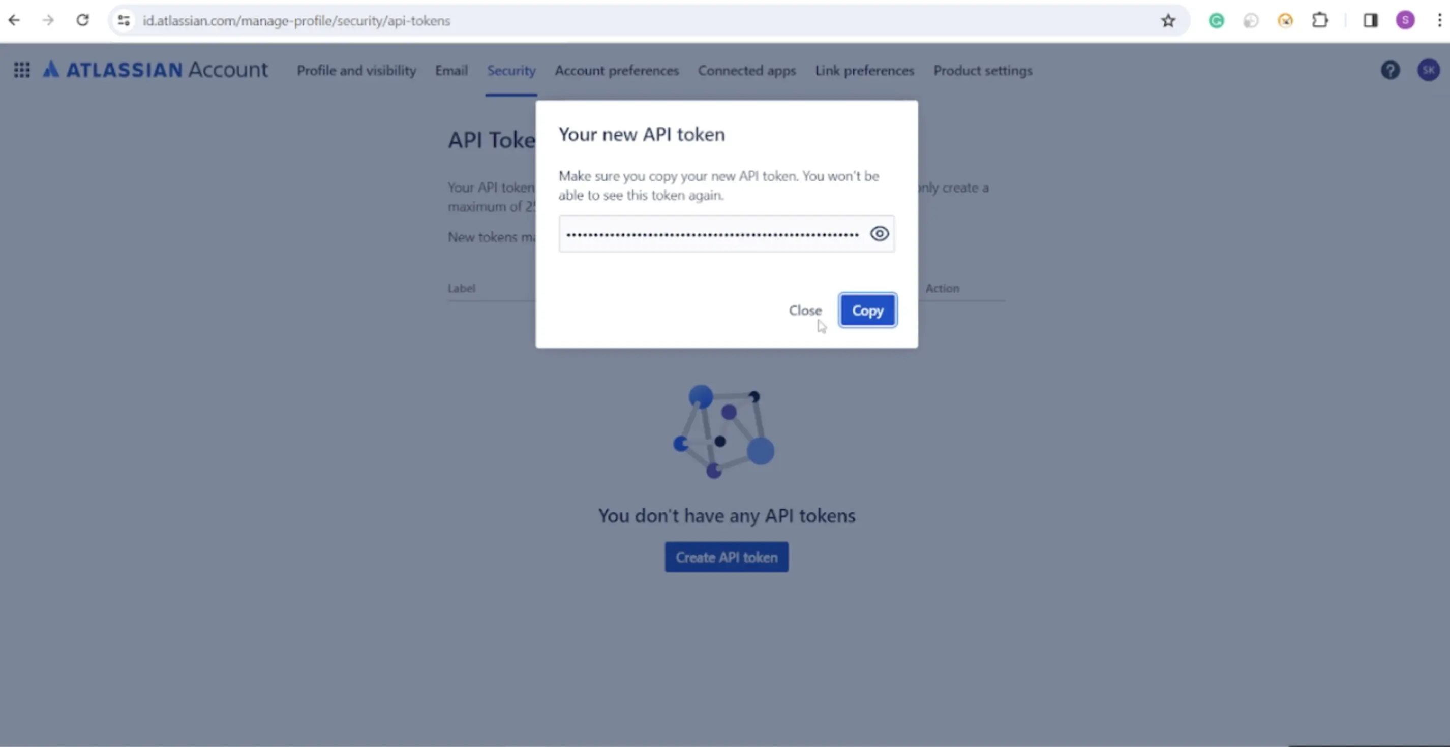 Copy the generated token to your clipboard