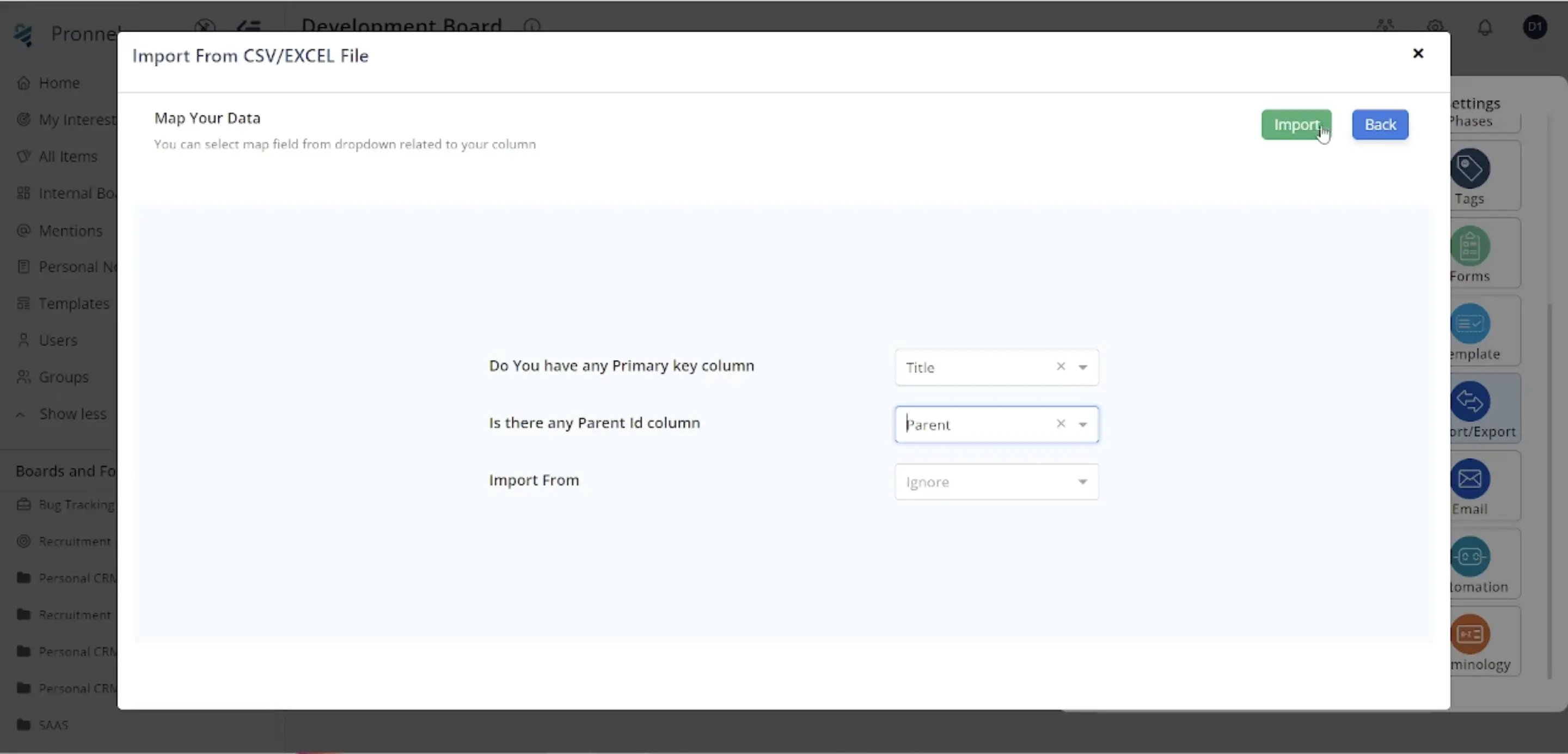 Primary Key and Parent ID Column Selection