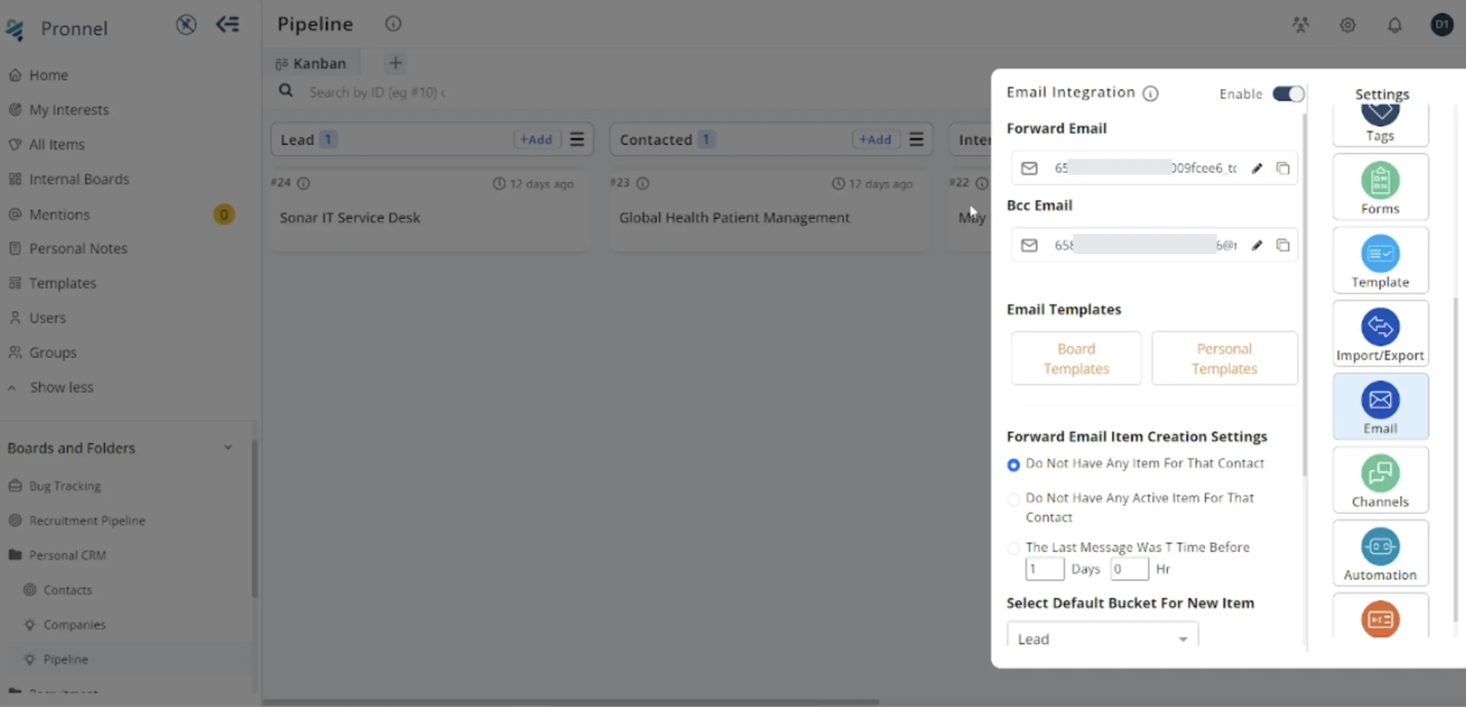 CRM board with Email Integration enabled