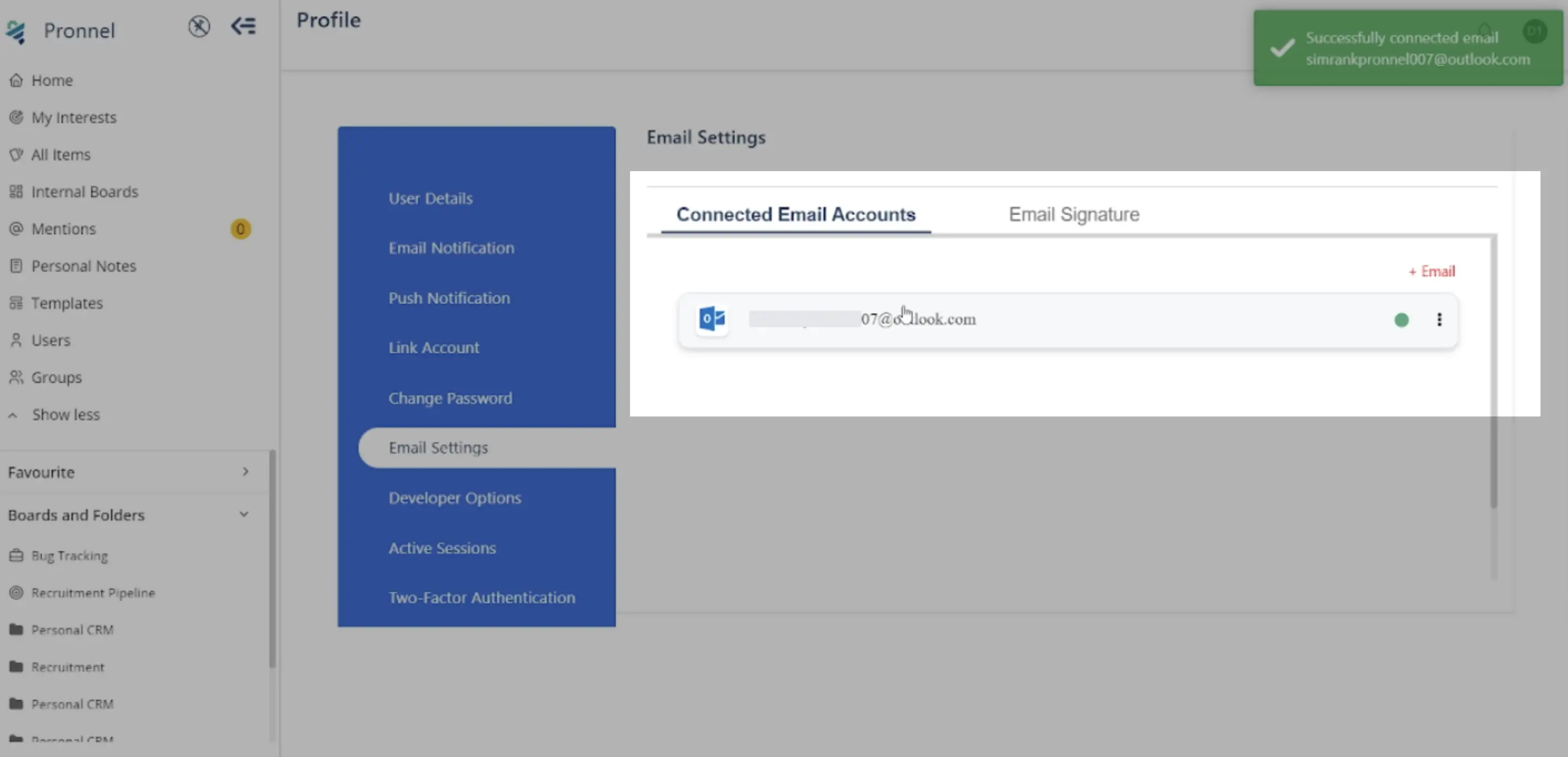 connected email accounts reflect under email settings