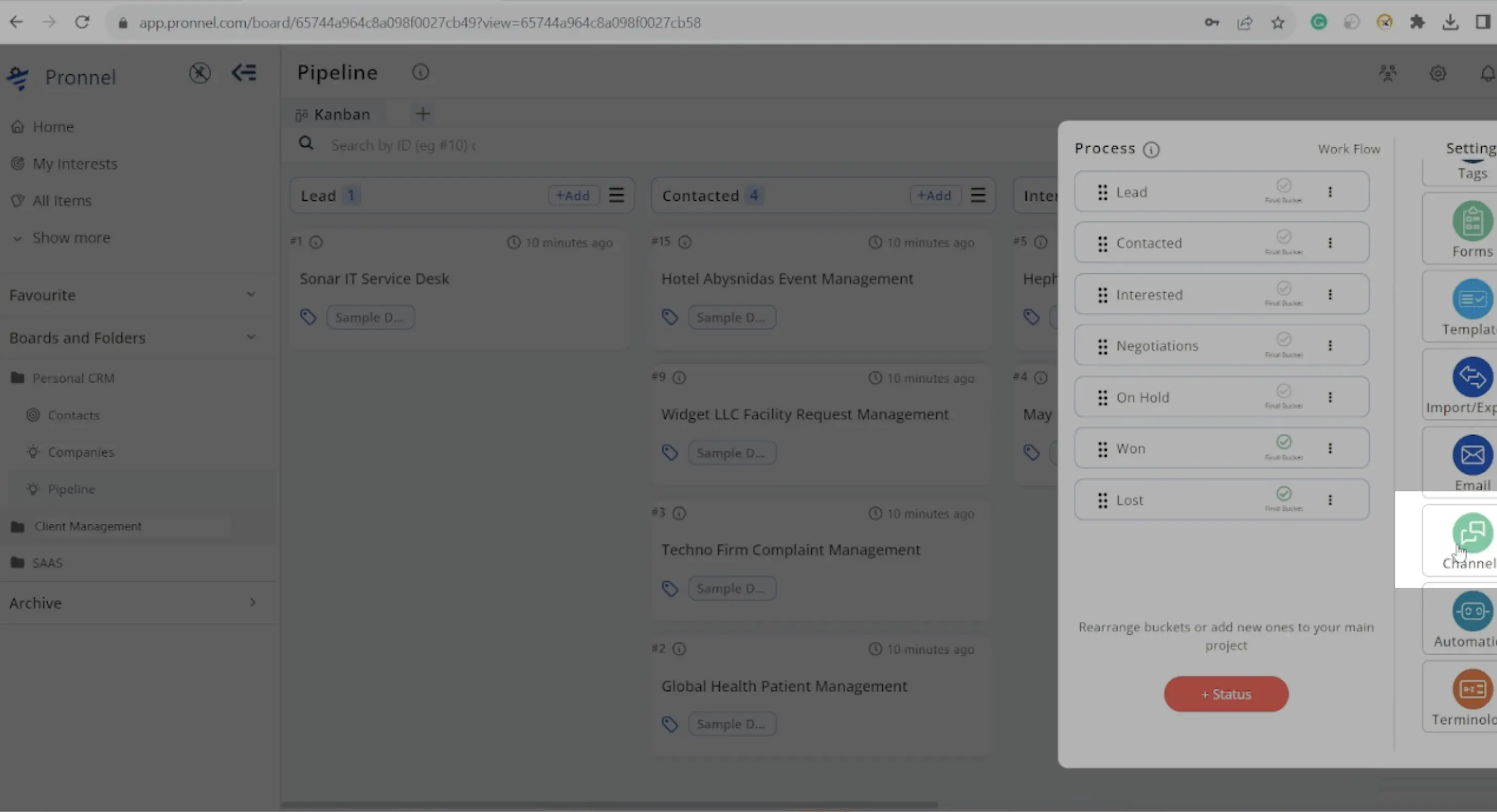 Go to the settings panel of Lead Board on Pronnel
