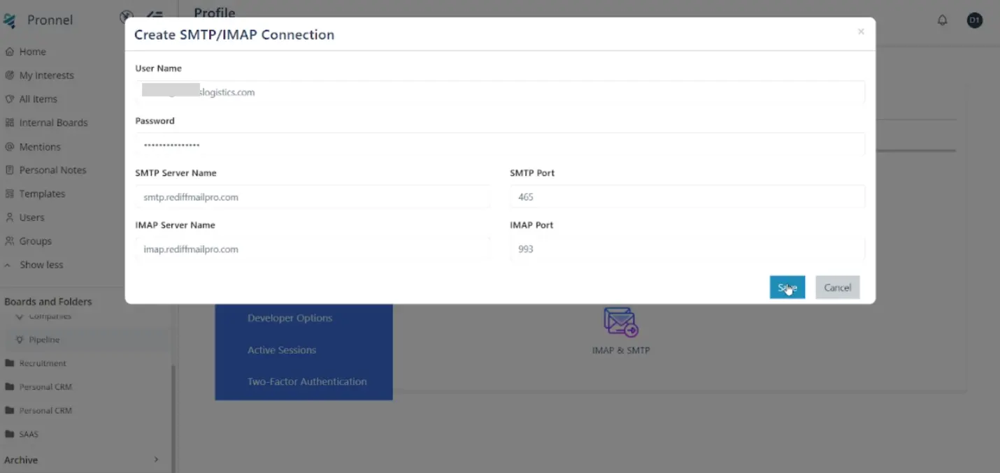 Enter the SMTP and IMAP connection details
