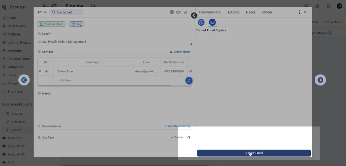 Send and receive emails directly from the item.