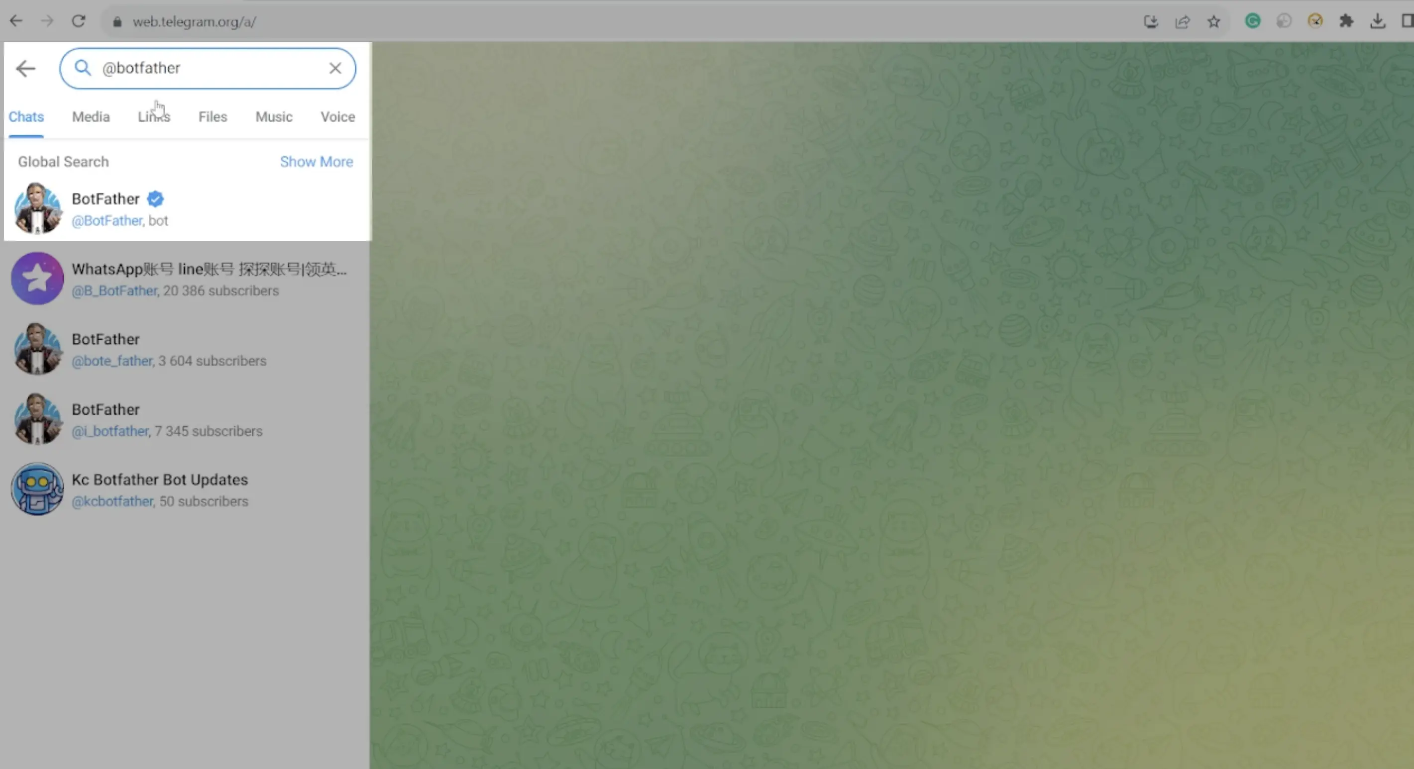 Search for @botfather in search box