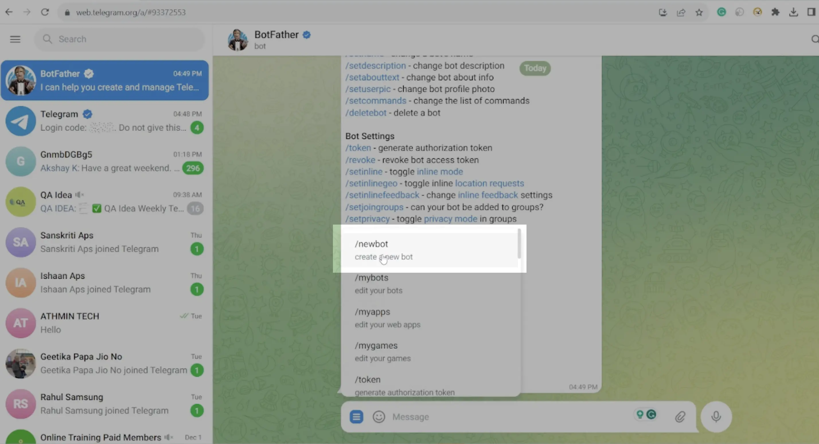 Click on /newbot option to create a new bot
