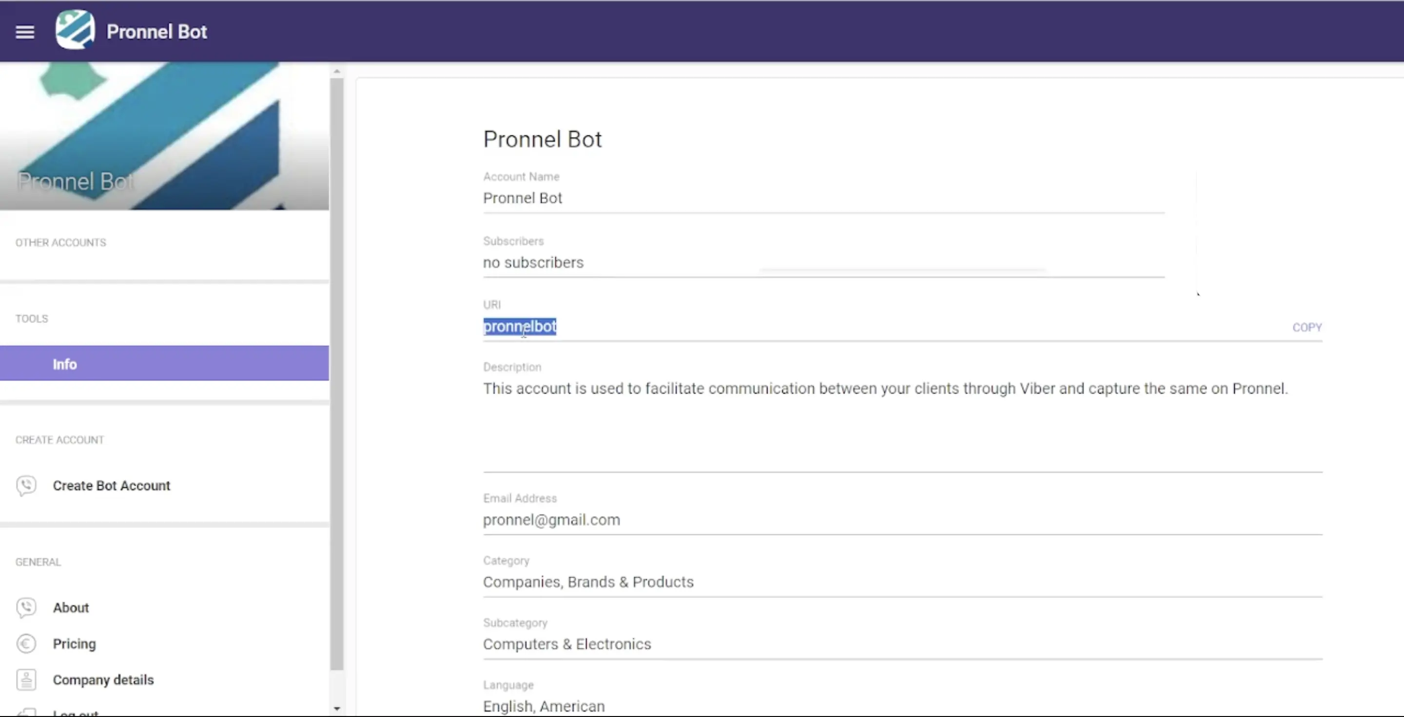 Copy the URI, and use this to connect Pronnel to the Viber Chat API