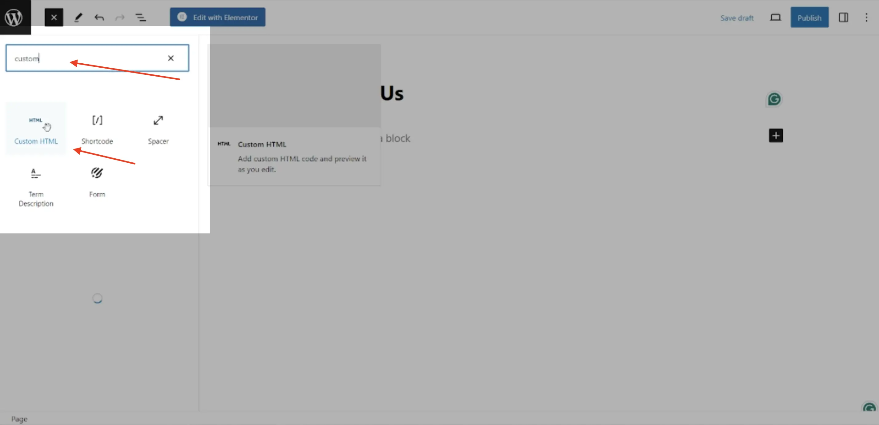 search for the 'Custom HTML' option